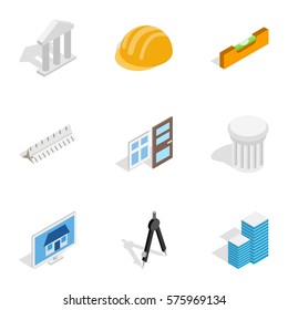 Construction and engineer icons set. Isometric 3d illustration of 9 construction and engineer vector icons for web