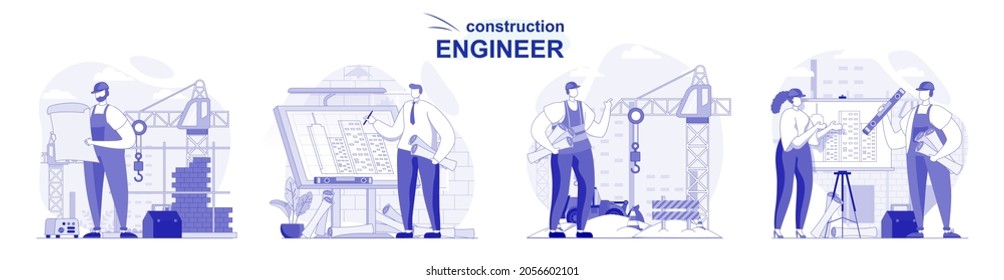 Ingeniero de construcción aislado en diseño plano. La gente dibuja planos, trabaja en obras, recoge escenas. Ilustración vectorial para blogs, sitio web, aplicación móvil, materiales promocionales.