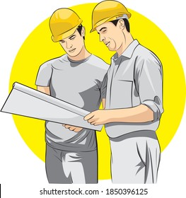 construction engineer looking at blueprint in construction
