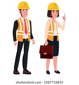 Construction engineer man, constructing manager builder woman. Constructor, architect or supervisor persons in safety helmets, vests. Building industry management workers. Safety engineer