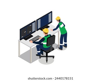 Construction engineer man in a helmet working on a computer 3d isometric vector illustration