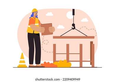 Bauingenieur Orange Konzept mit Menschen Szene in der flachen Cartoon-Design. Die Frau verwaltet den Bau einer neuen Anlage. Vektorgrafik.