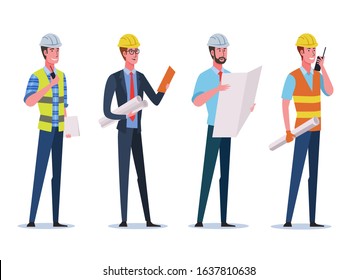 Construction engineer with safety helmet and blueprint. Building industry concept. Professional contractor worker, builder and architect