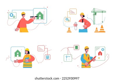 Construction engineer set concept with people scene in the flat cartoon style. Engineers calculate the plan of the buildings. Vector illustration.