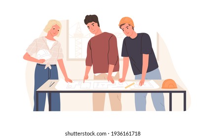 Construction engineer showing apartment layouts for builders. People working with building project isolated on white background. Colored flat vector illustration of colleagues discussing drawing