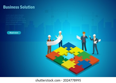 Construction engineer team discussing on jigsaw puzzle missing piece. Construction industry project. strategy solution, success teamwork and decision making concept.