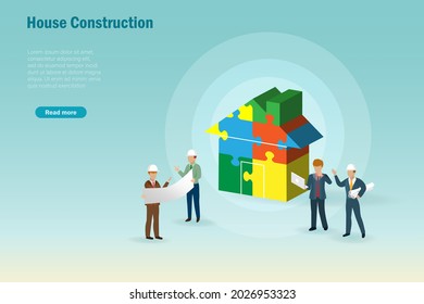 Construction engineer team discussing on building house from jigsaw puzzle. Constuction industry project. vector template, banner. 