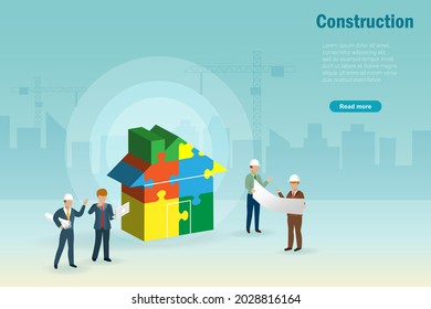 Construction engineer team discussing on building house from jigsaw puzzle. Constuction industry project. vector template, banner. 