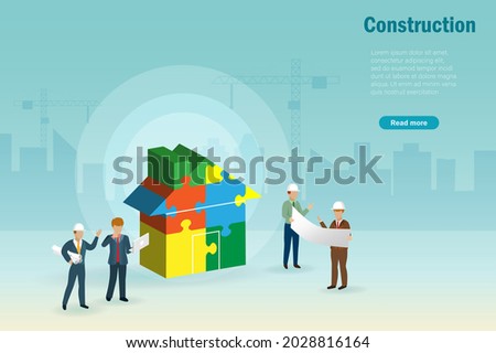 Construction engineer team discussing on building house from jigsaw puzzle. Constuction industry project. vector template, banner. 