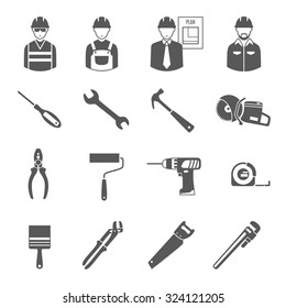 Construction  engineer with technical project plan workers and tools 16 black icons set  abstract isolated vector illustration