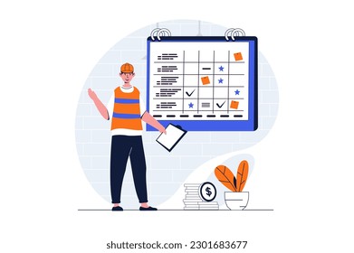 Construction engineer web concept with character scene. Man creating plan and deadline for building process. People situation in flat design. Vector illustration for social media marketing material.