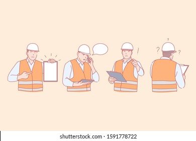 Construction engineer work, planning and communication, negative emotions concept. Building industry, worker in helmet and uniform, man with papers, person in various poses. Simple flat vector