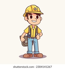 Construction Engineer Worker Cartoon Character Hand Drawn Vector Illustration