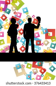 Construction engineer worker people silhouettes in active industrial business abstract background illustration vector