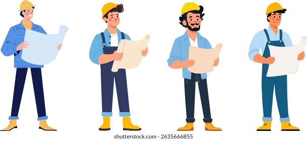 Construction engineer workers reviewing blueprints at job site art