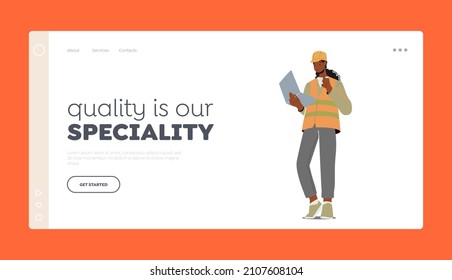 Construction Engineer Working On Building Plan Landing Page Template. Architect Female Character Wear Helmet And Uniform Hold Laptop. Designer Woman Create Project. Cartoon Vector Illustration