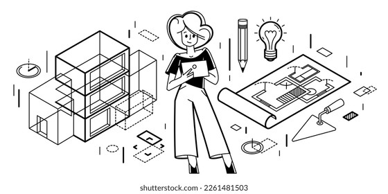 Construction engineer working on a project, building architecture designer vector outline trendy illustration, professional in a work line drawing. Occupation builder architect.