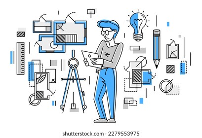 Construction engineer working on a project, building architecture designer vector outline trendy illustration, professional in a work line drawing. Occupation builder architect.