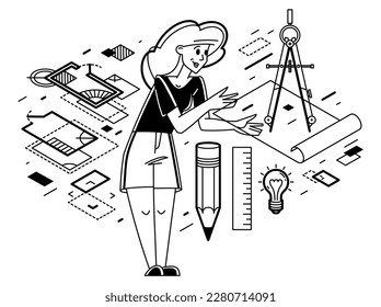 Construction engineer working on a project, building architecture designer vector outline trendy illustration, professional in a work line drawing. Occupation builder architect.