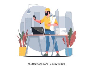 Construction engineer yellow concept with people scene in the flat cartoon style. An engineer checks the project documentation for a new building. Vector illustration.