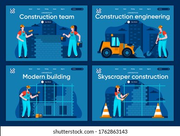 Construction engineering flat landing pages set. Welder, painter and bricklayer working at scenes for website or CMS web page. Modern building company, skyscraper construction vector illustration.