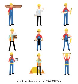 Construction engineering industrial workers characters working with building tools and equipment