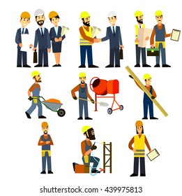 Construction Engineering Industrial Workers Project Manager Vector. Civil engineer, architect and construction workers characters group.