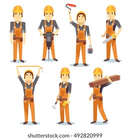 Construction engineering industrial workers working with building tools and equipment vector people character set. Architect and foreman, carpenter and repairman illustration