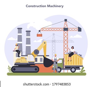 Construction and engineering industry. Building constraction technic. Heavy machinery and other industrial equipment. Isolated flat vector illustration