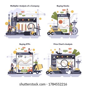 Construction and engineering industry online service or platform set. Multiplier analysis of a company, buying stocks and ETFs, price chart analysis. Flat vector illustration