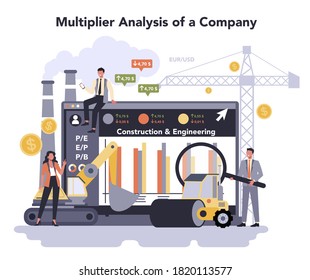 Servicio o plataforma en línea de la industria de la construcción y la ingeniería. Máquinas pesadas y otros equipos industriales. Análisis multiplicador de una empresa. Ilustración vectorial plana