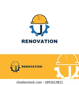 construction and engineering logo concept with initial letter J, gear and helmet