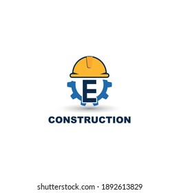 concepto de logotipo de construcción e ingeniería con letra inicial E, equipo y casco
