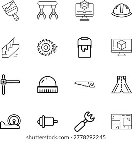Construction engineering manufacturing design work tools icons, paint brush, robotic arm, hard hat, saw blade