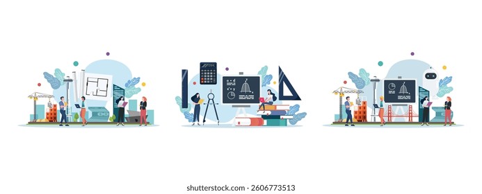 Construction and engineering scenes with miniature people. Architecture and engineering class. Education vector illustration.