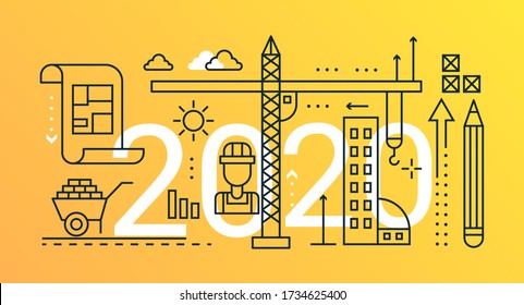 Ilustración vectorial del concepto de líneas delgadas de la construcción. Interfaz de sitio web diseño lineal creativo con la palabra abstracta plana 2020, símbolos de planificación de arquitectura moderna, tecnología de construcción