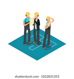 Construction Engineers And Builders In Yellow Safety Helmets. 3d Isometric Architect Vector Concept. Builder In Hard Helmet, Construction Isometric Illustration