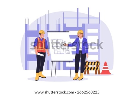 Construction Engineers Discussing Blueprint Illustration. Site Planning. Vector Flat Illustration