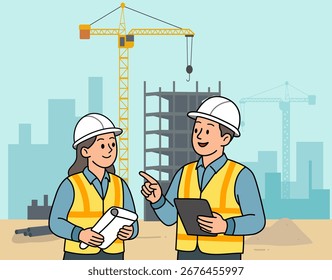 Construction Engineers Discussing Project with Crane in Background Vector Illustration