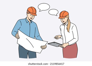 Construction engineers and workers concept. Young woman and man workers engineers teammates in helmets standing and discussing plan of blueprints construction vector illustration 