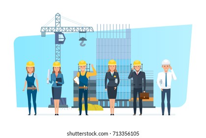 Construction engineers workers team. Engineers character person set with construction team, builder, architect, repairman and director, on background process of building house. Illustration isolated.