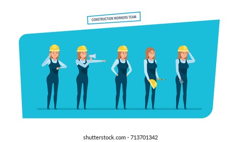 Construction engineers workers team. Engineers character person cartoon set with construction workers team, architect, in different poses. Work with documents, archives, projects. Vector illustration.