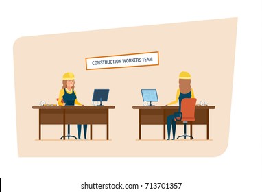 Construction engineers workers team. Engineers character person cartoon set with construction workers team. Womens character working in office at work desk. Front and rear view. Vector illustration.