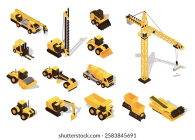 Construction equipment 3d isometric mega set in flat design. Collection isometry elements of trucks, bulldozers, concrete mixer, tractors, backhoes, forklifts, other machinery. Vector illustration.