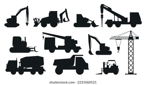 Construction equipment black icons. Collection of stickers for social media. Architecture and construction, repair. Transport and tools. Cartoon flat vector illustrations isolated on white background