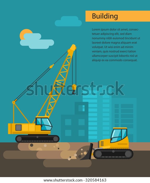 Construction equipment.  Bulldozer,
caterpillar crane Vector flat
illustration