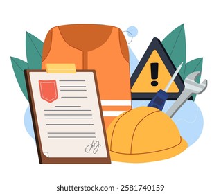 Construction equipment concept. Construction worker uniform. Hardhat, wrench and screwdriver. Renovation and repair, building and construction, engineering. Flat vector illustration