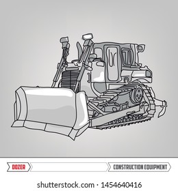 Construction Equipment: Dozer. Heavy machinery. Line Illustration. Hand Drawn isolated vector.