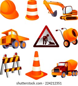 Construction equipment, dump truck, cement mixer, construction, barrel, cone, helmet, truck, lifting truck, drum. Vector Illustration Cartoon. 