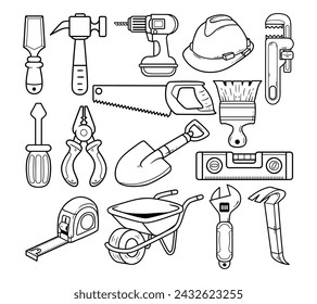 Conjunto de ilustración vectorial de esbozo de elemento de equipamiento de construcción